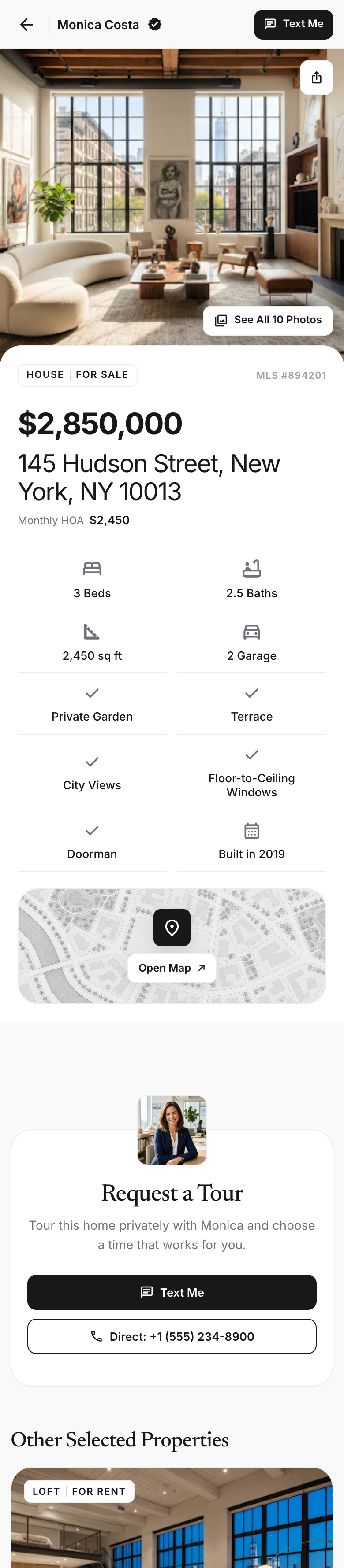 A real Correctfy property page showing details and a Request a Tour action